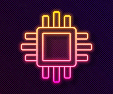 Glowing neon line Computer processor with microcircuits CPU icon isolated on Stock Illustration