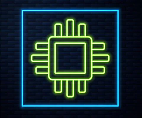 Glowing neon line Computer processor with microcircuits CPU icon isolated on Stock Illustration