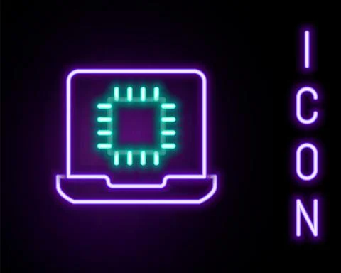 Glowing neon line Computer processor with microcircuits CPU icon isolated on Illustrazione stock