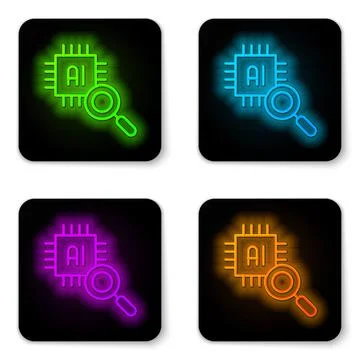 Glowing neon line Computer processor with microcircuits CPU icon isolated on Stock Illustration