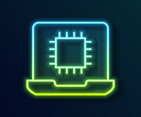 Glowing neon line Computer processor with microcircuits CPU icon isolated on イラスト素材