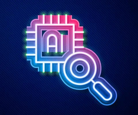 Glowing neon line Computer processor with microcircuits CPU icon isolated on Illustrazione stock