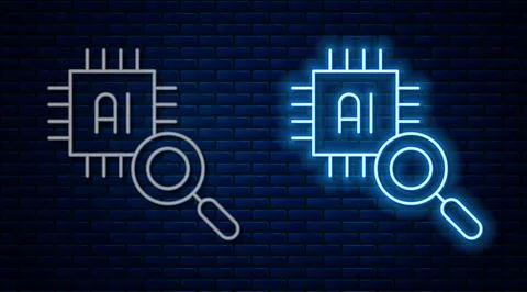 Glowing neon line Computer processor with microcircuits CPU icon isolated on 스톡 일러스트