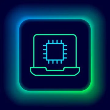 Glowing neon line Computer processor with microcircuits CPU icon isolated on Stock Illustration