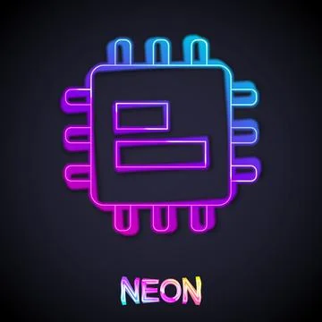 Glowing neon line Computer processor with microcircuits CPU icon isolated on Illustrazione stock