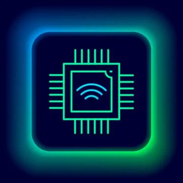 Glowing neon line Computer processor with microcircuits CPU icon isolated on Stock Illustration