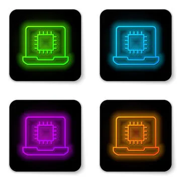 Glowing neon line Computer processor with microcircuits CPU icon isolated on イラスト素材