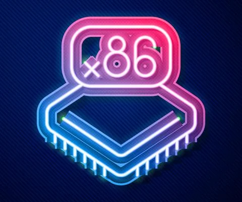 Glowing neon line Computer processor with microcircuits CPU icon isolated on Illustrazione stock