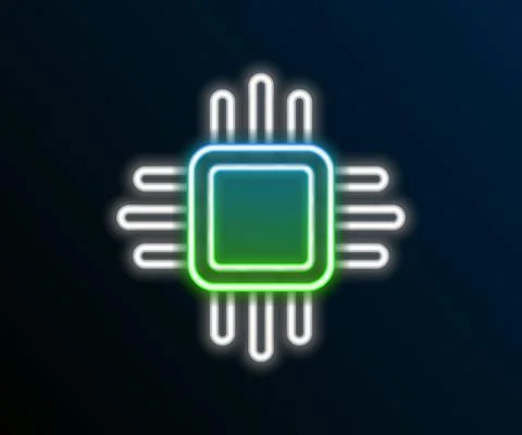Glowing neon line Computer processor with microcircuits CPU icon isolated on Illustrazione stock