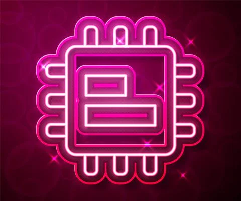 Glowing neon line Computer processor with microcircuits CPU icon isolated on red Stock Illustration