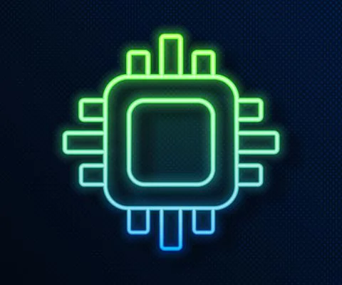 Glowing neon line Computer processor with microcircuits CPU icon isolated on Stock Illustration