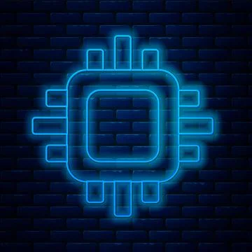 Glowing neon line Computer processor with microcircuits CPU icon isolated on Stock Illustration