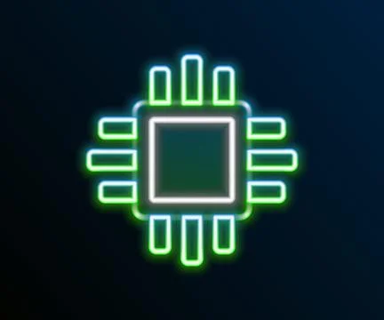 Glowing neon line Computer processor with microcircuits CPU icon isolated on Stock Illustration