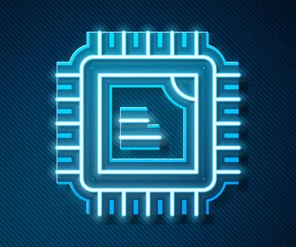 Glowing neon line Computer processor with microcircuits CPU icon isolated on  Illustrazione stock