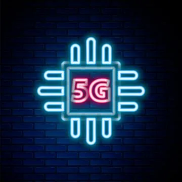 Glowing neon line Computer processor 5G with microcircuits CPU icon isolated on Stock Illustration