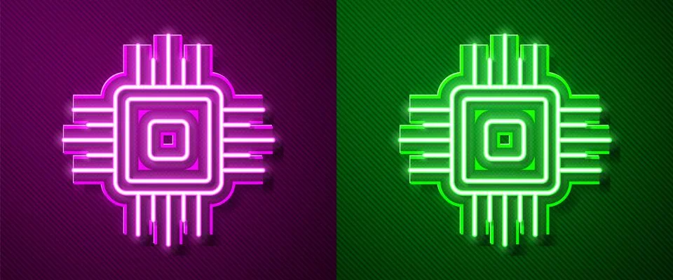 Glowing neon line Computer processor with microcircuits CPU icon isolated on Illustrazione stock