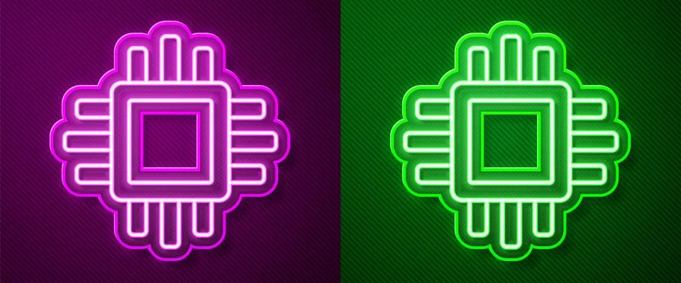 Glowing neon line Computer processor with microcircuits CPU icon isolated on 스톡 일러스트