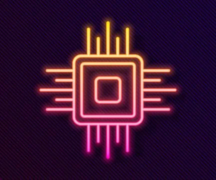 Glowing neon line Computer processor with microcircuits CPU icon isolated on イラスト素材