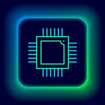 Glowing neon line Computer processor with microcircuits CPU icon isolated on Stock Illustration
