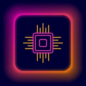 Glowing neon line Computer processor with microcircuits CPU icon isolated on Illustrazione stock