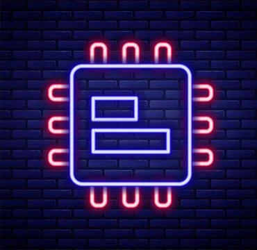 Glowing neon line Computer processor with microcircuits CPU icon isolated on Stock Illustration