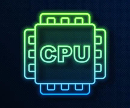 Glowing neon line Computer processor with microcircuits CPU icon isolated on Illustrazione stock