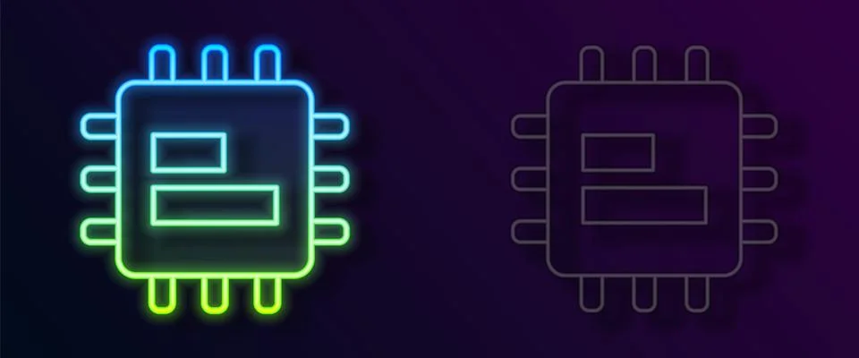Glowing neon line Computer processor with microcircuits CPU icon isolated on Stock Illustration