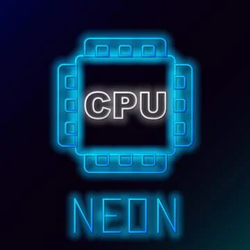 Glowing neon line Computer processor with microcircuits CPU icon isolated on Stock Illustration