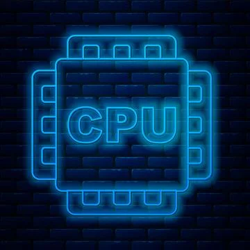 Glowing neon line Computer processor with microcircuits CPU icon isolated o.. Illustrazione stock