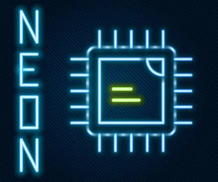 Glowing neon line Computer processor with microcircuits CPU icon isolated o.. イラスト素材