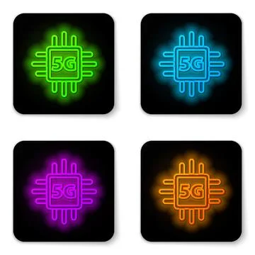 Glowing neon line Computer processor 5G with microcircuits CPU icon isolated  Illustrazione stock