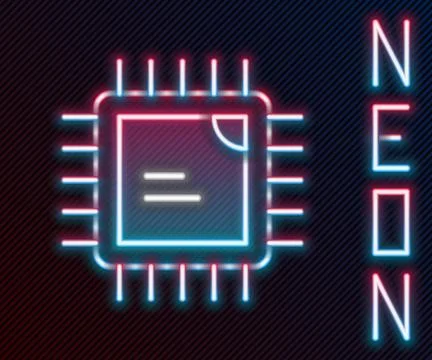 Glowing neon line Computer processor with microcircuits CPU icon isolated o.. Stock Illustration