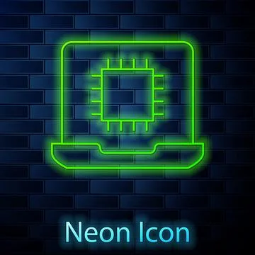 Glowing neon line Computer processor with microcircuits CPU icon isolated on  Illustrazione stock