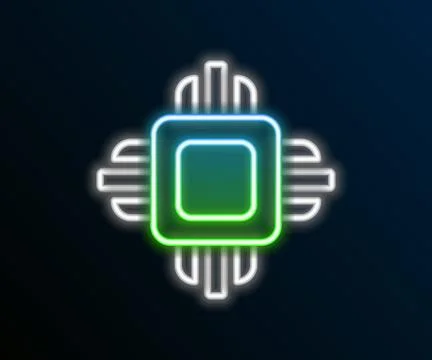 Glowing neon line Computer processor with microcircuits CPU icon isolated o.. Stock Illustration