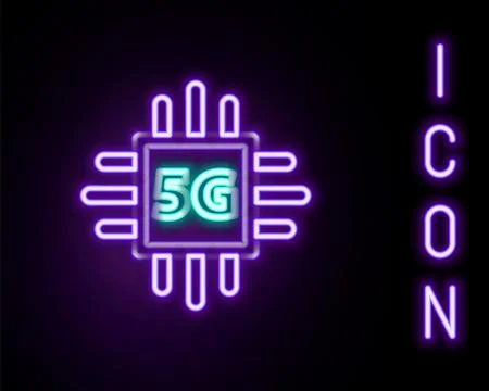 Glowing neon line Computer processor 5G with microcircuits CPU icon isolate.. Stock Illustration