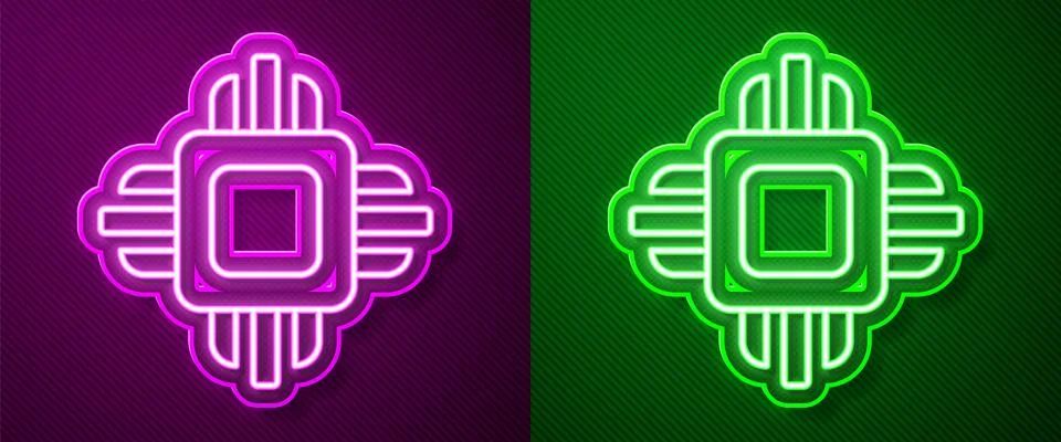 Glowing neon line Computer processor with microcircuits CPU icon isolated o.. Illustrazione stock