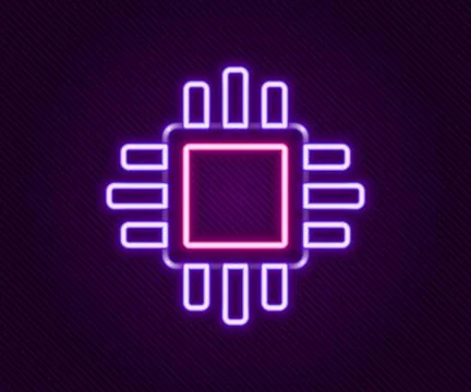 Glowing neon line Computer processor with microcircuits CPU icon isolated o.. Stock Illustration