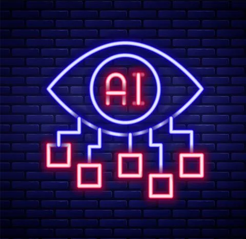 Glowing neon line Computer vision icon isolated on brick wall background Stock Illustration