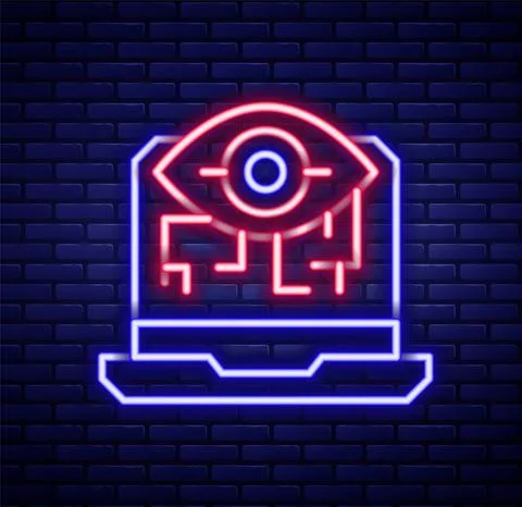 Glowing neon line Computer vision icon isolated on brick wall background Illustrazione stock