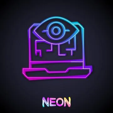 Glowing neon line Computer vision icon isolated on black background. Technical Illustrazione stock
