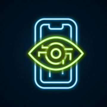 Glowing neon line Computer vision icon isolated on black background. Technical Stock Illustration