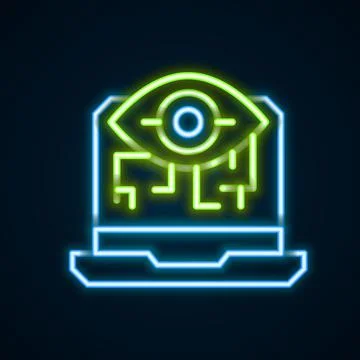 Glowing neon line Computer vision icon isolated on black background. Technical Stock Illustration