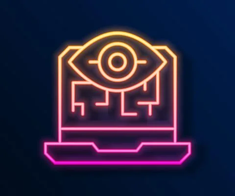 Glowing neon line Computer vision icon isolated on black background. Technical Stock Illustration