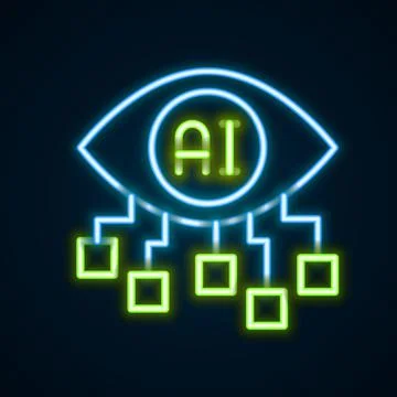 Glowing neon line Computer vision icon isolated on black background. Technical Stock Illustration