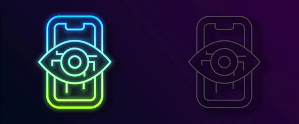 Glowing neon line Computer vision icon isolated on black background. Technical Stock Illustration