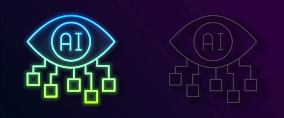 Glowing neon line Computer vision icon isolated on black background. Technical Stock Illustration