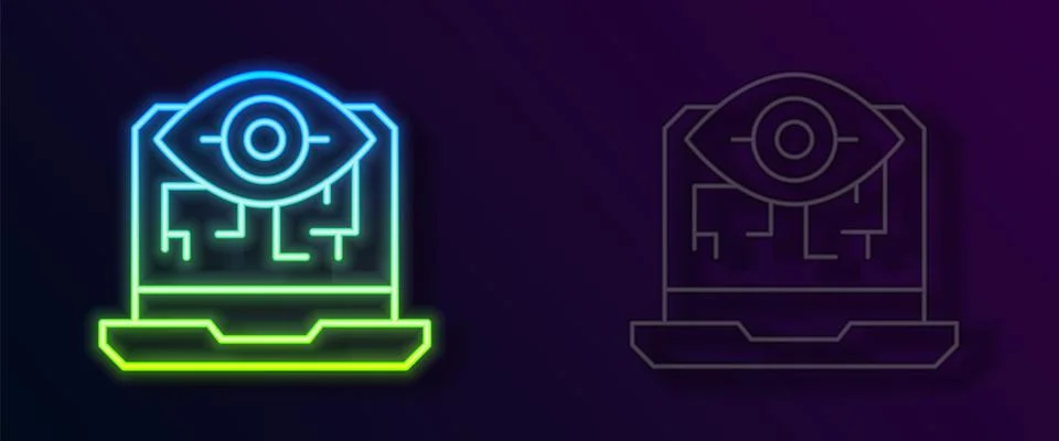 Glowing neon line Computer vision icon isolated on black background. Technical Stock Illustration