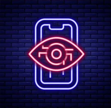 Glowing neon line Computer vision icon isolated on brick wall background. T.. Stock Illustration