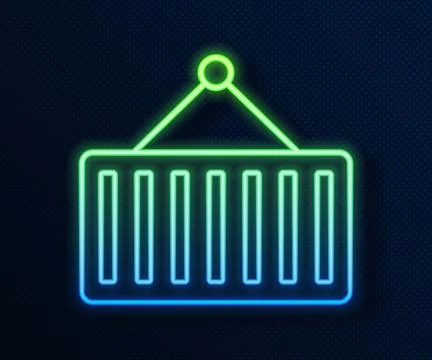 Glowing neon line Container on crane icon isolated on blue background. Cran.. Stock Illustration