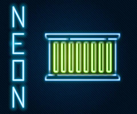 Glowing neon line Container icon isolated on black background. Crane lifts a Stock Illustration